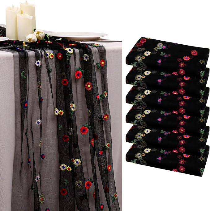BINBE 6pcs Black Daisy Fall Table Runner Embroidery Gauze 10FT Florals Seasonal by BINBE