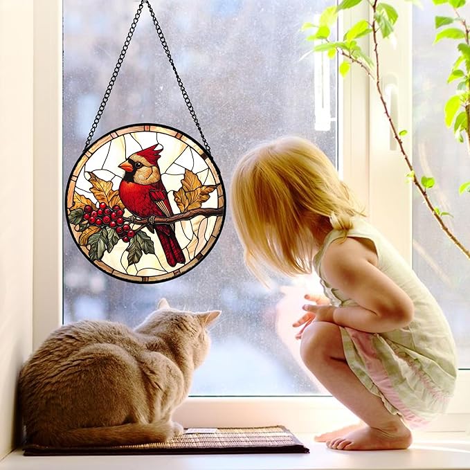 Stained Glass Window Hanging, Birds on a Branch Cardinal Sun Catchers Diamond - Image 2