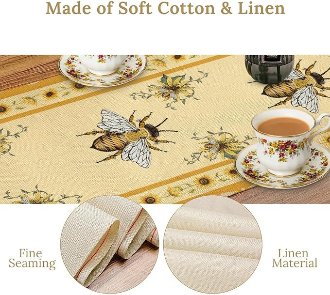 Honey Bee Table Runner, Farmhouse Yellow Sunflower Retro Summer Linen Tables - Image 5