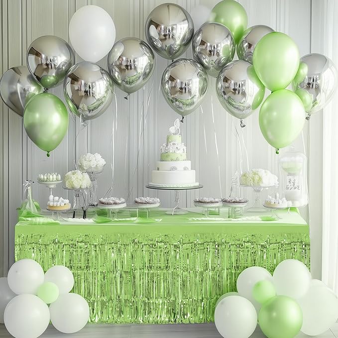 2 Pack Lake Blue Lime Green Table Skirts, 29x108" Metallic Foil Tinsel Fringe - Image 2