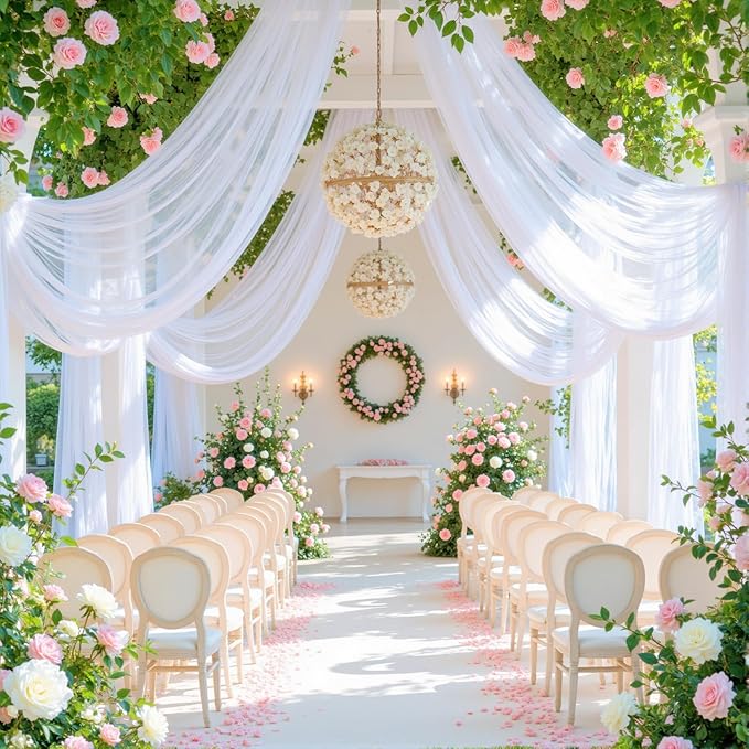 White Arch Draping Fabric for Wedding, 2 Panels 60" x 26Ft Chiffon Drapery - Image 3