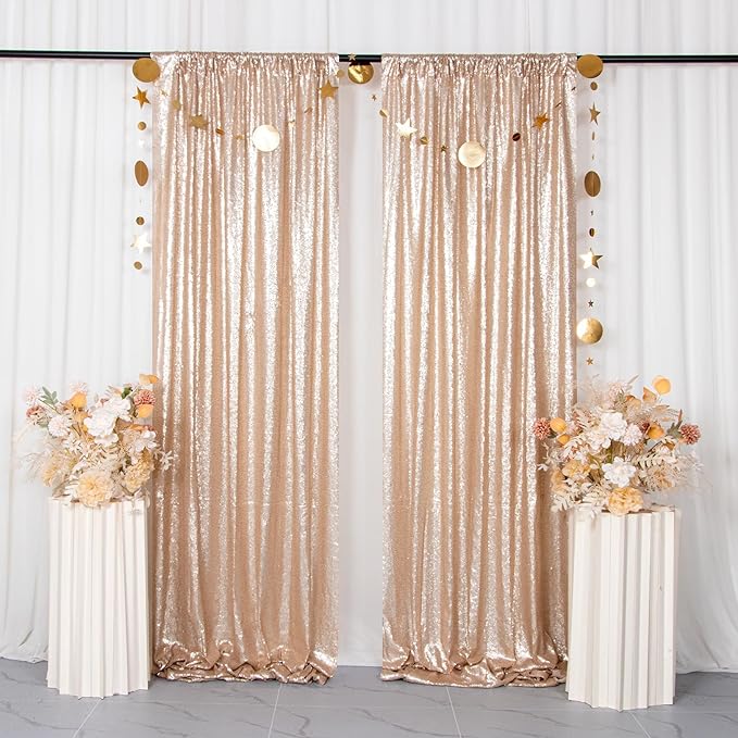 ShinyBeauty Champagne Backdrops 2 Pieces Sequin Curtains 4FTx7FT Photograph - Image 2