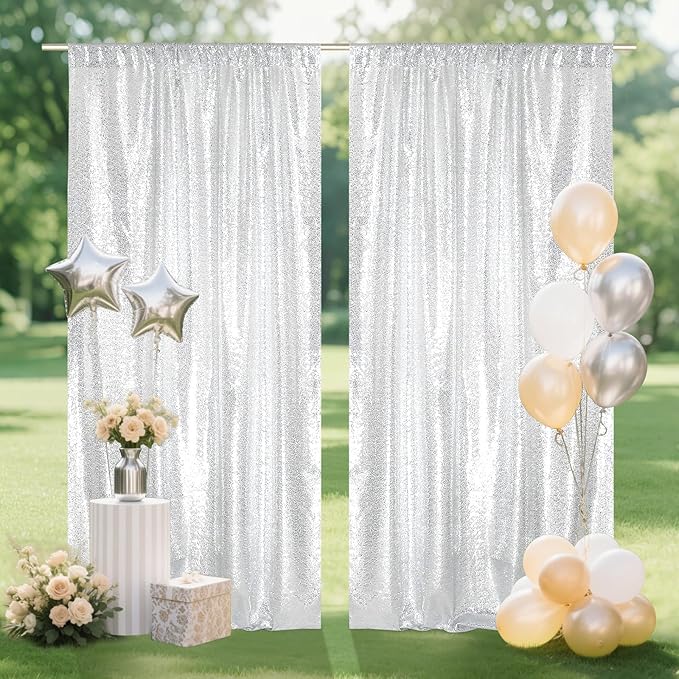 SquarePie Sequin Backdrop Curtain 8FT x 10FT Silver Satin Backing Fabric - Image 2