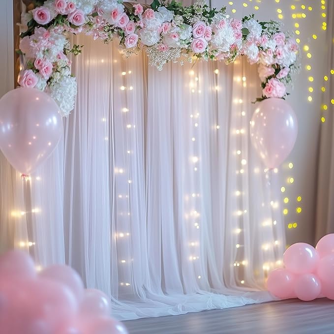 Tulle Backdrop Curtain with Lights String 20 X 8FT White Sheer Tulle Backdrop - Image 6