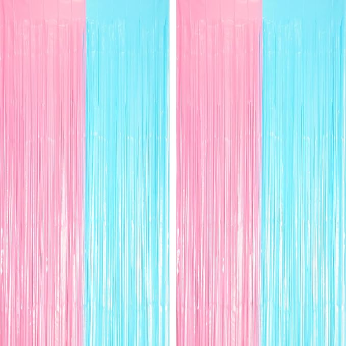 2 Pack Pastel Blue and Pink Foil Fringe Backdrop Curtains, Tinsel Streamers by Voircoloria