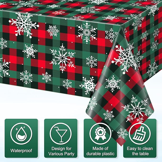 12Pcs Christmas Buffalo Plaid Snowflake Party Tablecloths Decorations, Plastic - Image 3