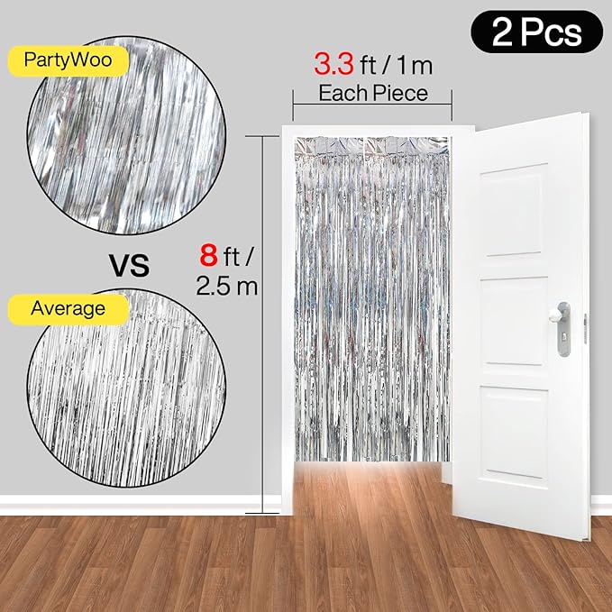 PartyWoo Foil Fringe Curtains Silver, Fringe Backdrop, Tinsel Backdrop - Image 6
