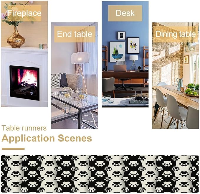 Dog Paw Table Runner, Kid Cute Animal Footprint Black White Theme Design Print - Image 4