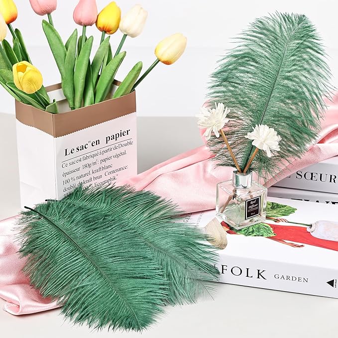 THARAHT Blackish Green Ostrich Feathers 12pcs Natural Bulk 8-10Inch 20cm-25cm - Image 6