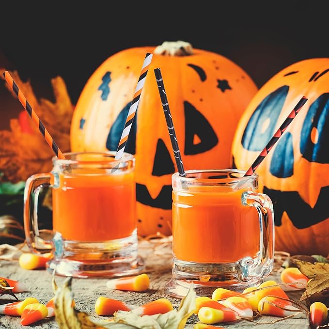 Cooraby 200 Pieces Halloween Paper Straws Pumpkin Bat Spider Web Pattern Straws - Image 6