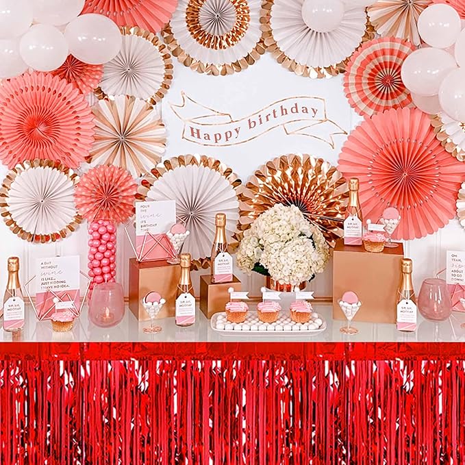 3 Pack 29 x108 Inch Red Foil Fringe Table Skirts Metallic Banner - Image 7