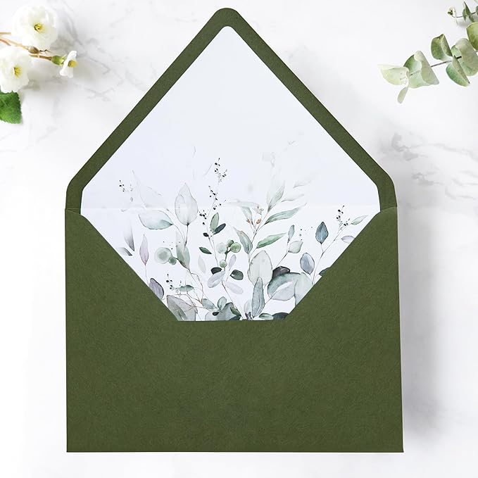 PONATIA 50PCS A7 Euro Flap Envelope, 5.25 x 7.25'' Olive Green Flowers Liner by ponatia