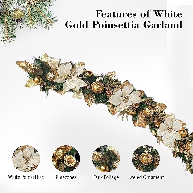Holiday Tree White Gold Poinsettia Garland 5 Ft – Luxurious Christmas Garland - Image 4