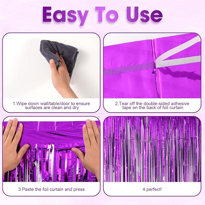 4 Pack Purple Foil Fringe Backdrop Curtains, Tinsel Streamers Birthday Party - Image 4