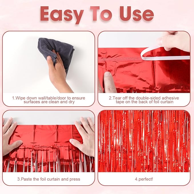 2 Pack Red Tinsel Foil Fringe Curtains, Metallic Tinsel Party Streamers Backdrop - Image 4