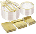 300PCS Clear Gold Plastic Plate Set, Disposable Dinnerware Set by Bestvip