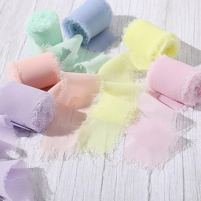 6 Rolls Handmade Fringe Chiffon Silk Ribbon 1.5" x 3 Yd Colorful Ribbon - Image 3