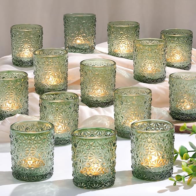 Green Votive Candle Holder Set of 36, Flower Tea Lights Candles Holders by Lanttu