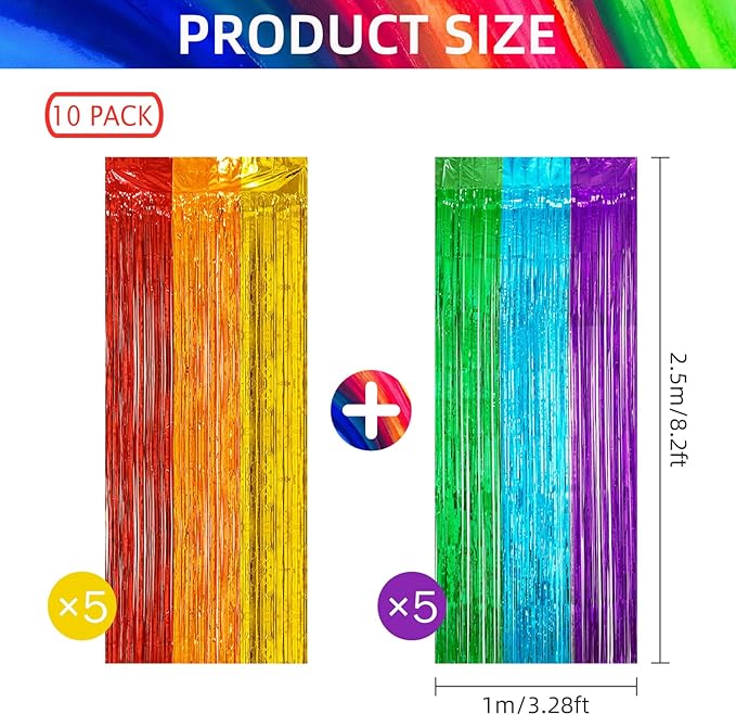 10 Pack Rainbow Backdrop Curtain 3.2ft x 8.2ft Metallic Tinsel Foil Fringe - Image 3