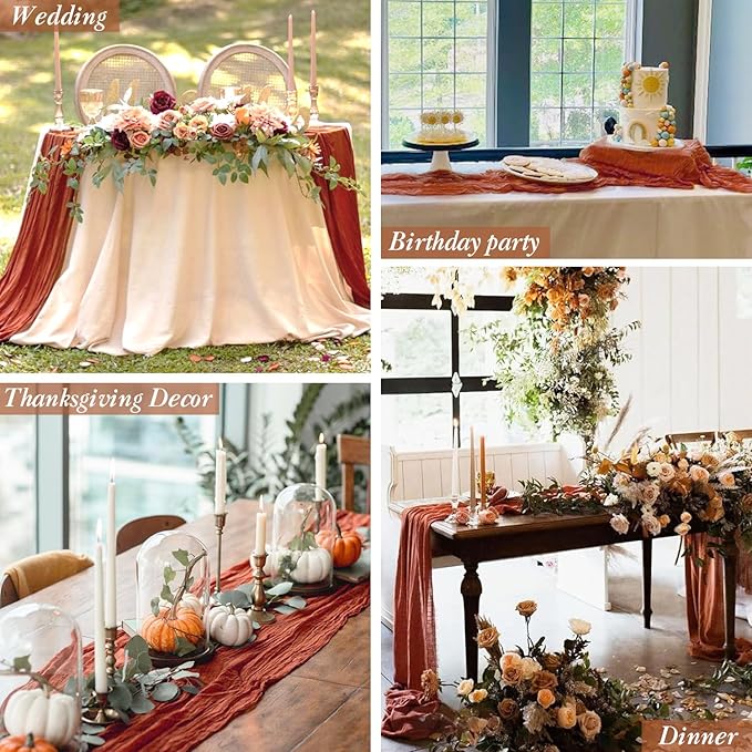 Fall Table Runner Terracotta Cheesecloth Table Runner 35x120in Burnt Orange - Image 4