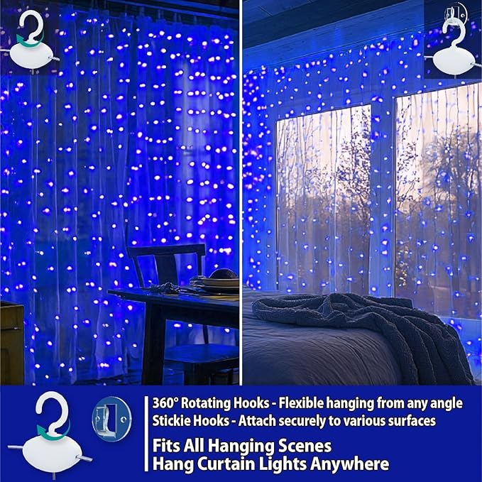 HXWEIYE 300LED Fairy Curtain Lights, 9.8x9.8Ft USB Plug-in 8 Modes Christmas - Image 3