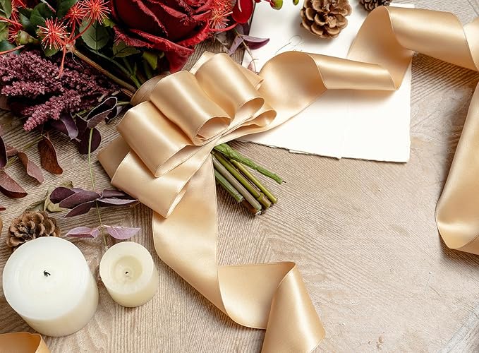 Champagne Gold Satin Ribbon Double-Faced Wired Ribbons - Image 4