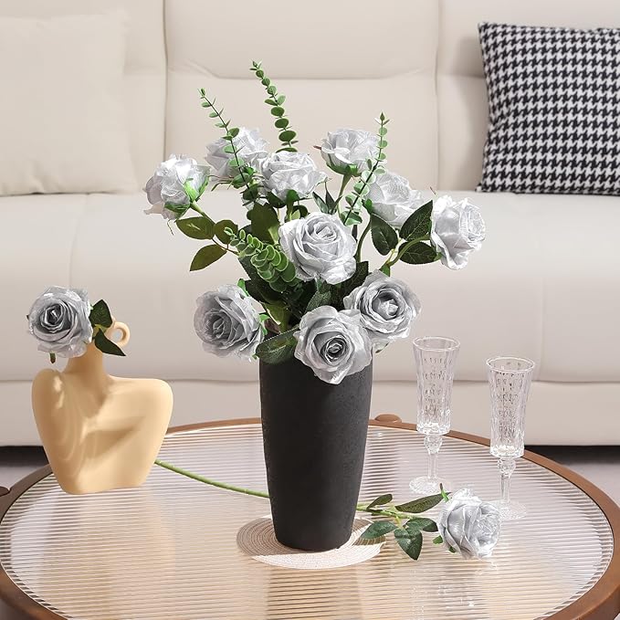 Tifuly Silver Roses Artificial Flowers -12Pcs Realistic Single Long Stem Fake - Image 3