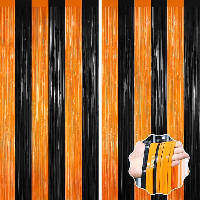 Halloween Photo Backdrop, 2 Pack Orange and Black Party Streamer, Metallic Foil by forlvwoon