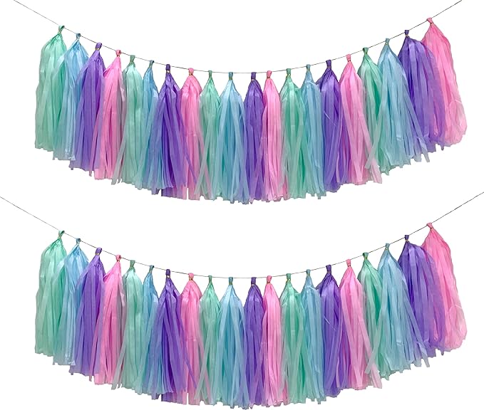 Blue Purple Mint Green Pink Tissue Paper Tassel Garland, Tissue Tassel Banner by YESON