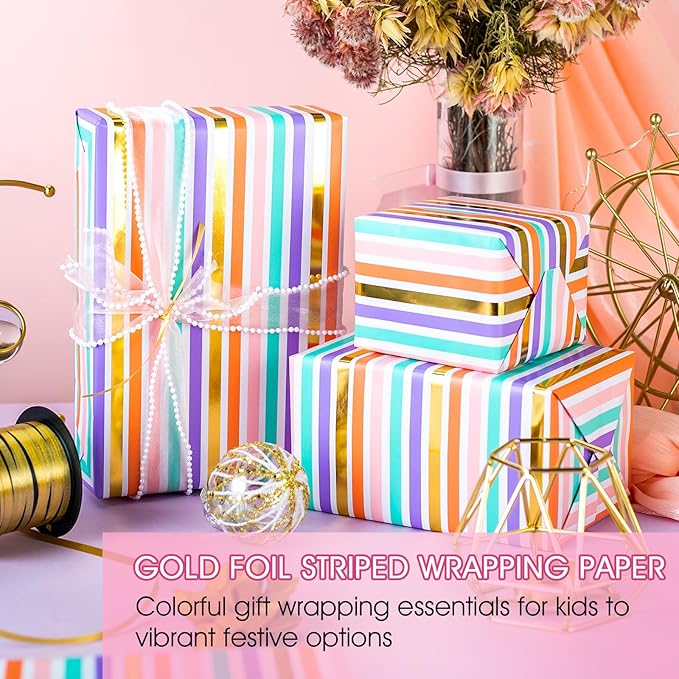Yarcony Gift Wrapping Paper Roll, Rainbow Wrapping Paper, Colorful Stripes Gift - Image 2