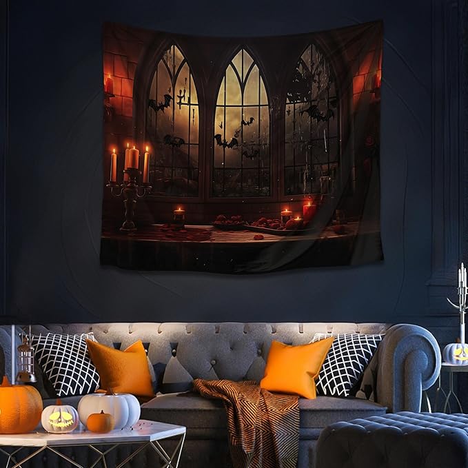 QGHOT Halloween Tapestry Wall Hanging Horror Castle Window Tapestry Gothic - Image 2