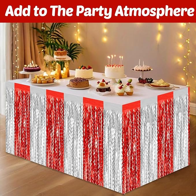 6 Pack 29x108 Inch Red Silver Wave Foil Fringe Table Skirts Metallic Banner - Image 4