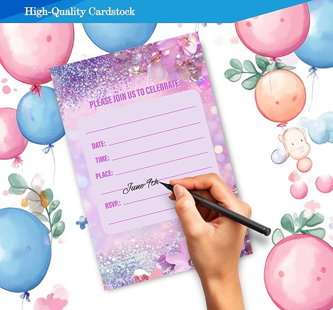 Pink Birthday Invitations for Girls, Modern Sparkle Birthday Party Invitaions - Image 4