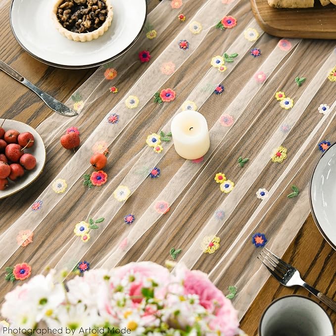 Artoid Mode 6PCS Champagne Embroidery Daisy Gauze Table Runner 120 Inch 10FT - Image 6
