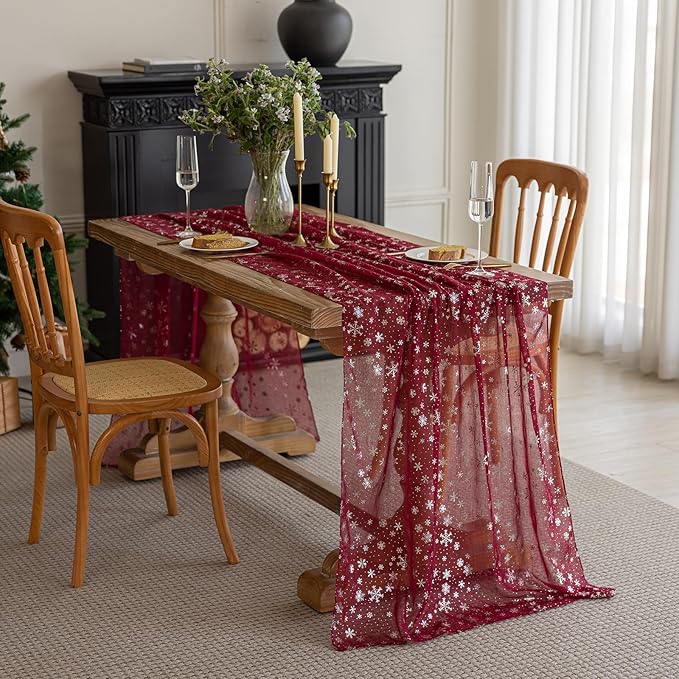 Silvery Snowflake Metallic Print Tulle Christmas Table Runner, Seasonal Winter - Image 5