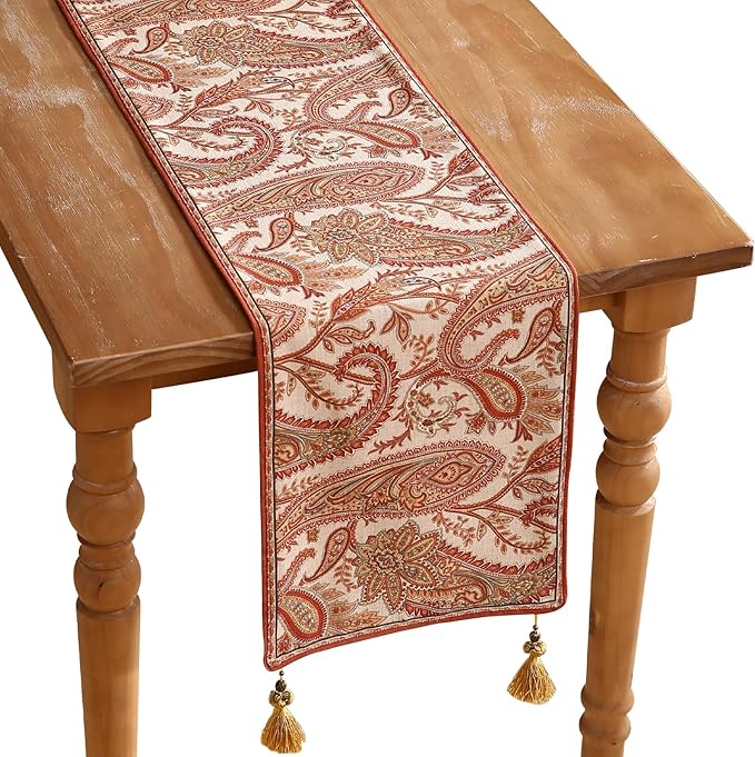 ISAENNE Designer Elegant Red Linen Table Runner 71 Inches Long, Vintage Paisley by Isaennehomedecoration
