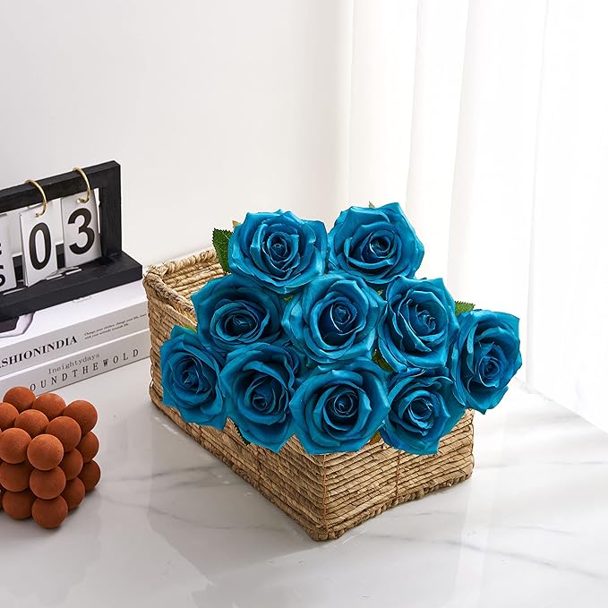 Teal Artificial Rose 10pcs Open Flower Bouquet Faux Rose Stems Turquoise Blue - Image 3