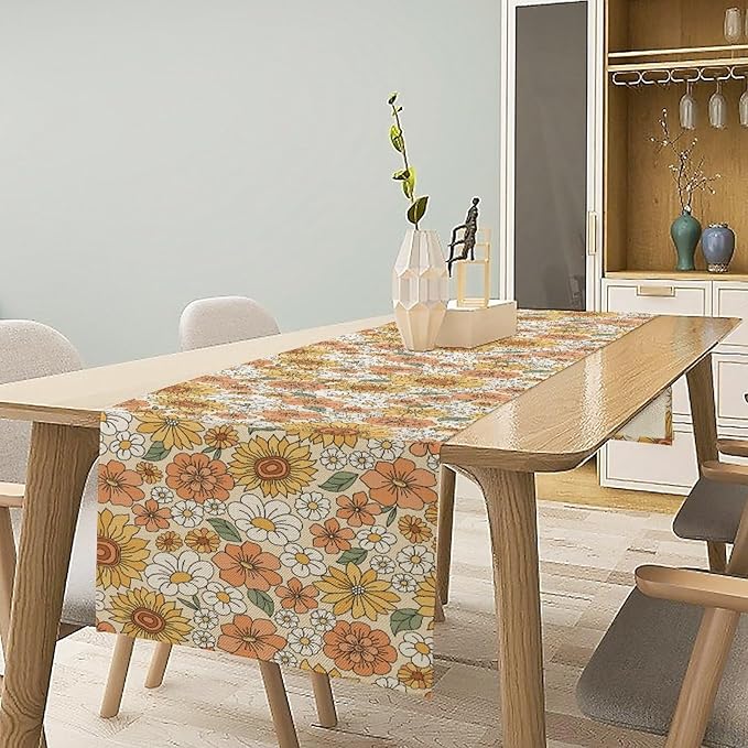 Vintage Floral Table Runner, Boho 70s Style Retro Daisies Flower Table Runner - Image 2