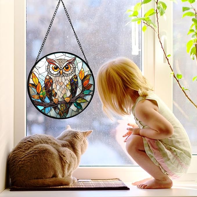 Stained Glass Window Hanging, Owl Colorful Leaves Birds Sun Catchers Diamond - Image 2