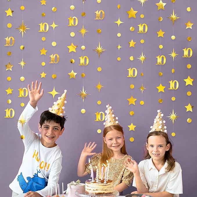 Gold 10th Birthday Decorations Number 10 Circle Dot Twinkle Star Garland - Image 4