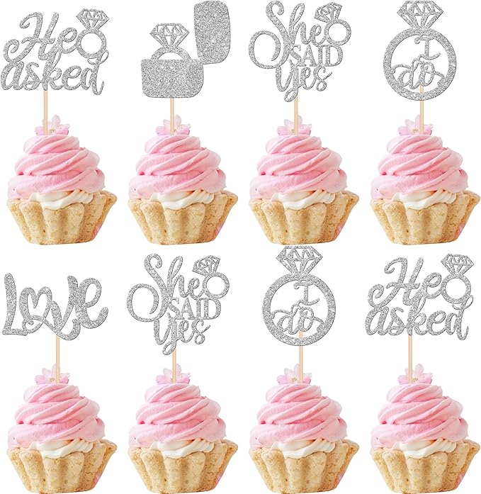 30 PCS He Asked She Said Yes Cupcake Toppers Diamond Ring Cupcake Picks Love I by ZHUOWEISM