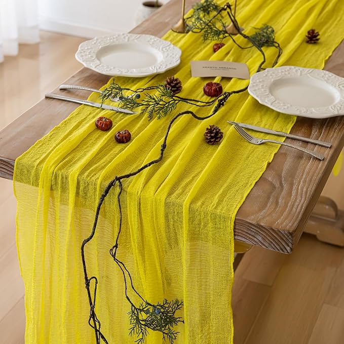 Yellow Table Runner Rustic Gauze Cheesecloth Table Runner 120 Inch 10 FT by KEKETOARRANGE