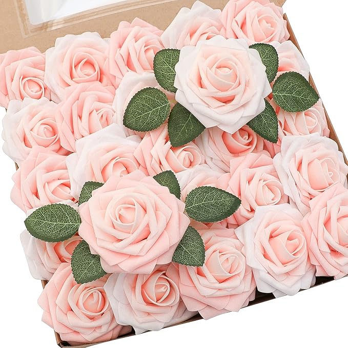 Floroom Artificial Flowers 50pcs Real Looking Blush Shades Foam Fake Roses by Floroom