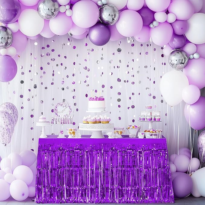 2 Pack Lake Blue Dark Purple Table Skirts, 29x108" Metallic Foil Tinsel Fringe - Image 2