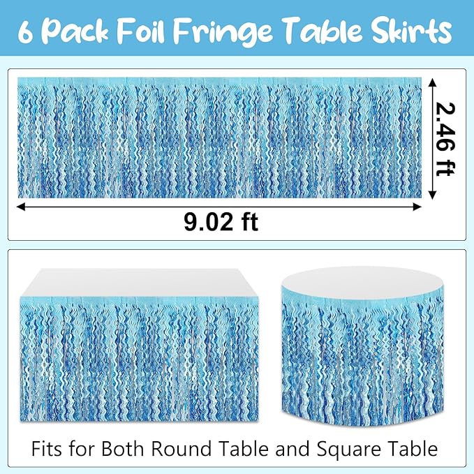 6Pack 29 x108 Inch Light Blue Wave Foil Fringe Table Skirts Metallic Banner - Image 2