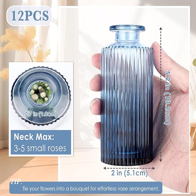 Navy Blue Glass Bud Vases Set of 12, Mini Ribbed Flower Vase - Image 6