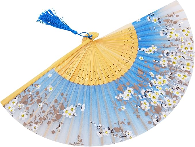 Amajiji 8.27" Hand Held Bamboo Silk Folding Fan Hand Fan, Chinese/Japanese - Image 4