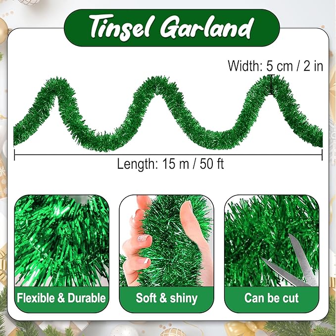 50 Feet Green Christmas Tinsel Garland, Metallic Foil Twist Banner Wall Hanging - Image 2