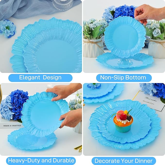 50 Pcs Blue Floral Plastic Plates, Fancy Disposable Plate, Heavy Duty Plastic - Image 3