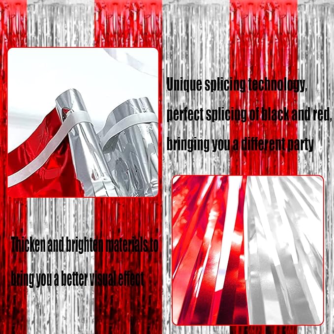 4 Pack Silver Red Foil Fringe Curtain Backdrop, 3.28Ft x 8.2Ft Metallic Tinsel - Image 3